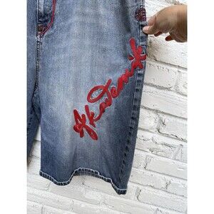 Vintage Y2K Akademiks baggy denim jean shorts -red stitching and embroidery-38